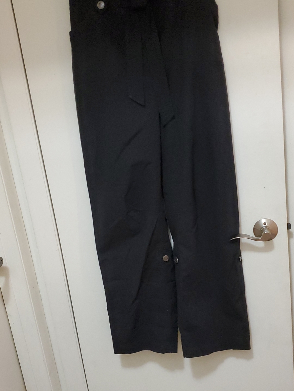 Black Tie-Waist Straight-Leg Chinos with Button Detail